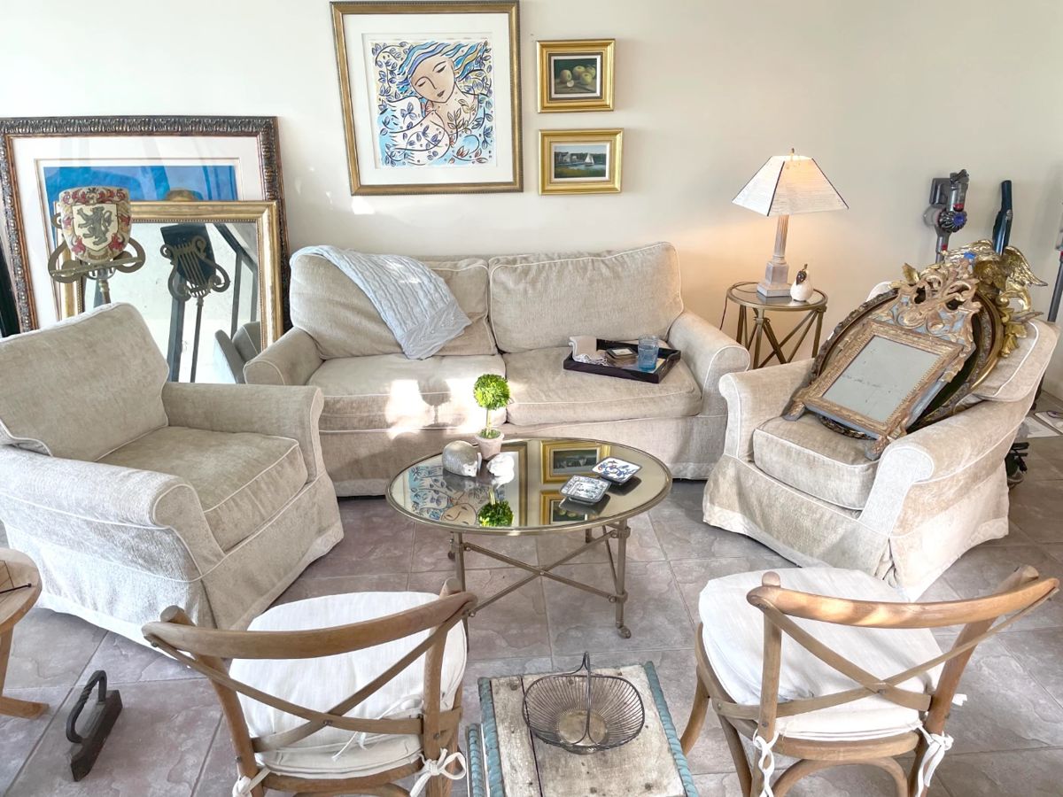 perfectly coastal / French estate sale -- bent wood straight chairs, smoky finish brass mirrored coffee table and side table, European oils and Crate & Barrel covered furniture set