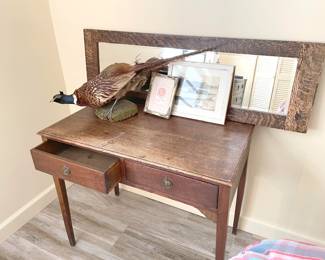 antique oak desk, mirror, pheasant