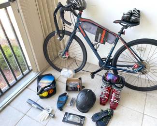 mongoose road bike & accessories; ski boots, helmet and goggles; new pickleball paddles and balls; etc