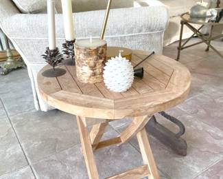 teak side table and antique metal doorstop (floor)
