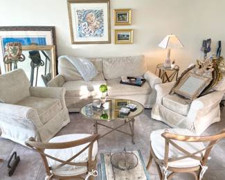 perfectly coastal / French estate sale -- bent wood straight chairs, smoky finish brass mirrored coffee table and side table, European oils and Crate & Barrel covered furniture set