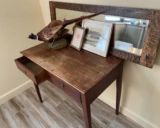 antique oak desk, mirror, pheasant and prints