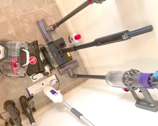 2 dyson battery vacuums, shark battery vacuum, hand held vacuums, hoover spot cleaner
