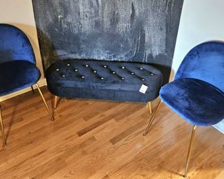 Blue velvet chair w/brass legs (2), Navy velvet bench w/storage
