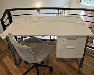 White two-drawer office desk, small, upholstered office chair