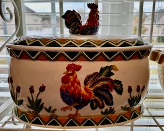 Vintage oval lidded rooster container by KK Pottery.
