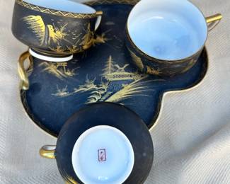 Vintage matte black and gold Kutani tea cups and luncheon plate.
