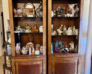 Display cabinets full of ornamental decor.