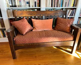 Fantastic Stickley-era solid tiger oak bench - also have a side chair available. Beautiful set for an Arts and Crafts home!
