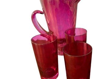 Pink carnival glasses and pitcher - 1940s