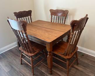 Antique Oak Farm table and 4 pressed back chairs