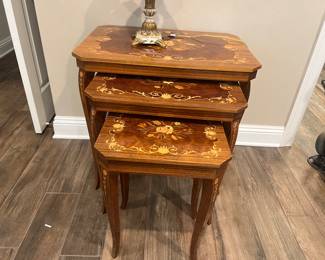 Set 3 Italian inlaid tables. The smallest one is a locking jewelry box. 