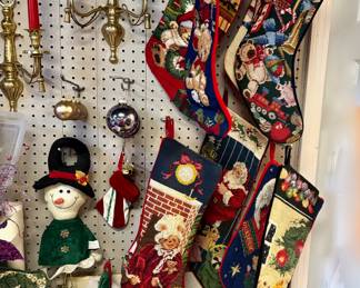 Needlepoint Vintage Stockings, Double Brass Candelabras, Door Knocker, and other Christmas items...