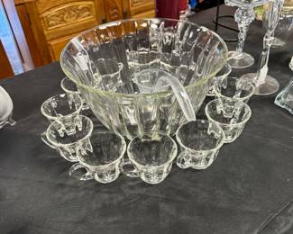 Ribbed Glass Punch Bowl with Matching Cups