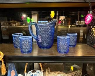 IMPERIAL Glass, Blue Opal Hobnail Water Pitcher with 4 Glasses