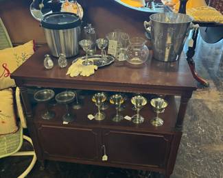 Vintage Bar Accessories, Ice Buckets, Wine and Margarita Silver Plated Stemware...