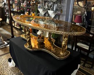 Vintage MCM Hollywood Regency Coffee Table with Greek Goddess Statue Legs, Gold Marble-Looking Design...OrnateTrim on Edges, just an exquisite piece and very rare! 