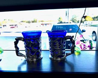 Vintage Cobalt and Silver Plated Steins with Lady Figural Handles, JAPAN