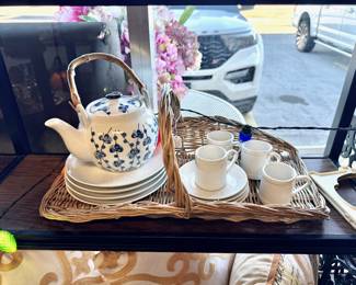 Blue and White Poppy Blossom Teapot with Bamboo Handle 