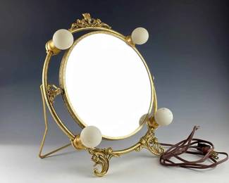 Vintage Art Nouveau Style Round Gold Floral Vanity Tabletop Mirror