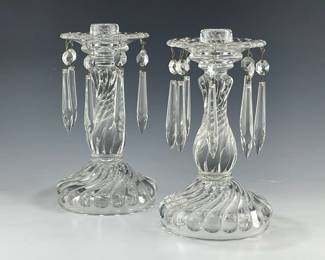 Vintage Fostoria 7 Candlestick With Bobeche And Prisms, Pair