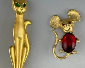 Vintage Park Lane Red Jelly Belly Mouse And Green Eyed Cat Brooches