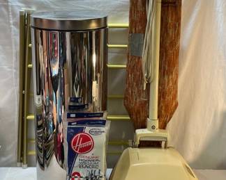 Vintage Hoover Vacuum, Stainless Trash Can And Vintage Clothing Rack