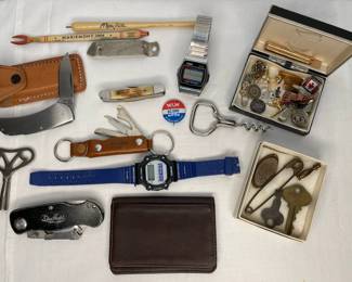 Timex Digital Watch, Wallet, Cuff Links, Knives Curiosities 