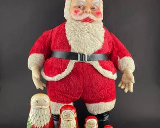 Vintage Rubber Face Plush Santa And Hand Painted Wooden Nesting Santa Dolls