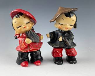 Vintage Enesco Ceramic Asian Girl Figures, Circa 1950s  60s