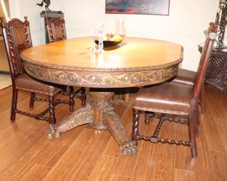 Quarter Sawn Oak,  Tiger Oak,  Claw Foot Round Carve Dining Table, Shown with Leaf.   