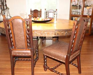 Set of 4 Antique Barley Twist Leather Dining Chairs 