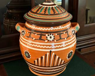 Moravian reproduction covered jar from restored Old Salem Pottery (1987)...