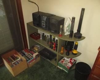 bookcase, radio, flashlights
