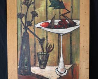 Original Mid Century Modernist Abstract Still Life Painting of Fruits and Dark Flowers by Judah