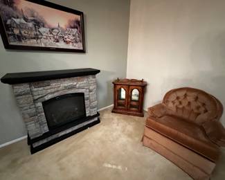 Electric Fireplace, Curio Cabinet, Arm Chair