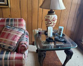 glass top coffee table, sofa table and two matching end tables