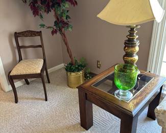 circa 1976 oak occasional table with glass insert.