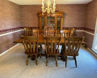 Circa 1976 dining table with eight chairs and lighted china cabinet