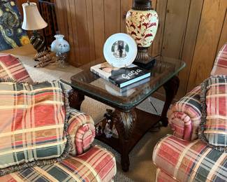 glass top coffee table, sofa table and two matching end tables