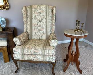 queen Ann style arm chairs with walnut candle stand with marble top