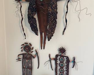 Signed southwest metal and turquoise wall art. Documentation on back of each piece