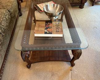 glass top coffee table, sofa table and two matching end tables
