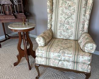 queen Ann style arm chairs with walnut candle stand with marble top