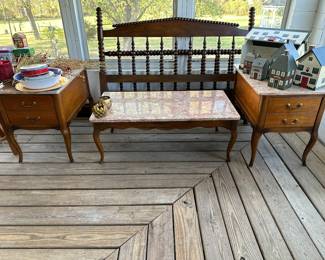 French provincial occasional table with marble tops, walnut bed