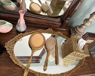 Vintage gold plated vanity tray mirror comb and Kleenex holder matching set