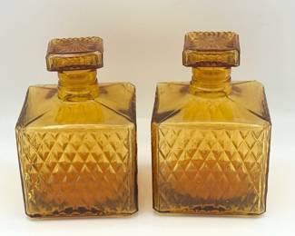(2) Amber Diamond Cut Square Decanters
