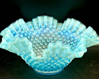 Fenton Blue Hobnail Opalscent Crimped Ruffled Candy Bowl
