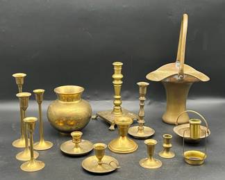 Collection of Mostly Brass feat. Candlesticks, Vase & Basket
