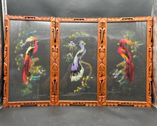 (3) 1970’s Bohemian Mexican Folk Art 22” Framed Bird Panels with Collaged Feathers

